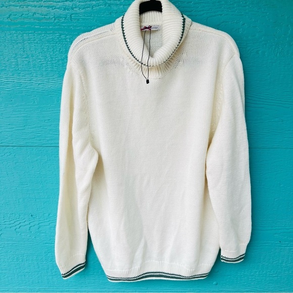 Zara Sweaters - Zara White Green Stripes FOLDOVER NECK Pullover Wool Blend SIZE XL NWOT